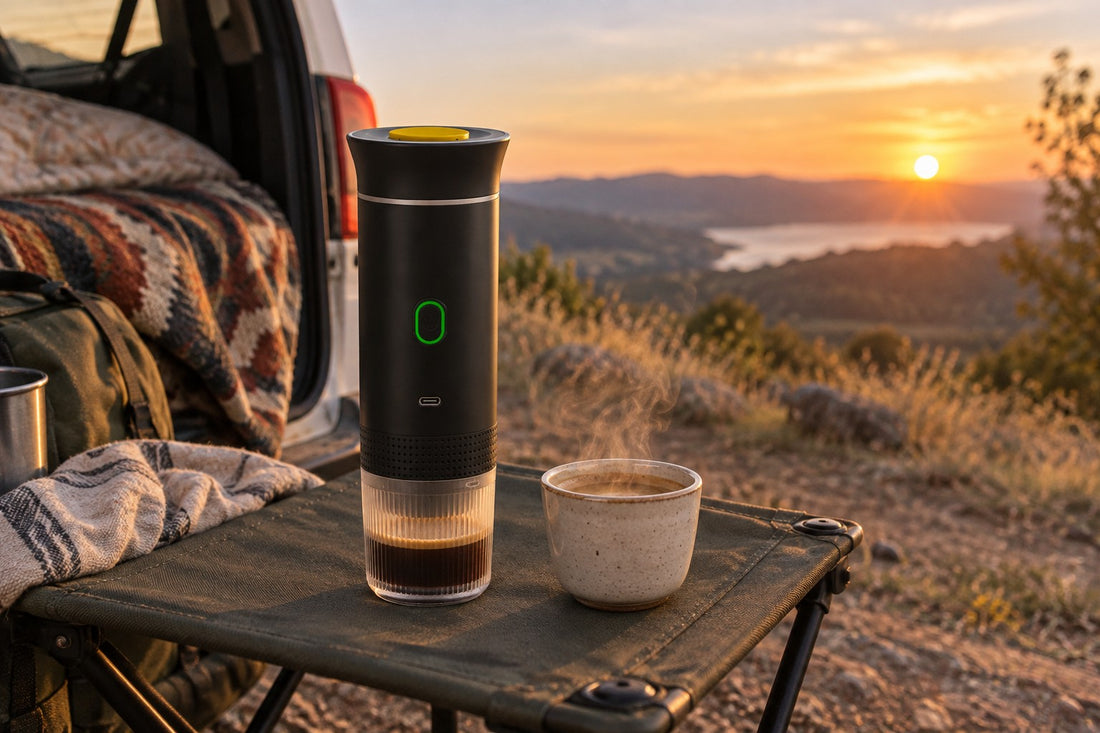 Cafetera portátil junto a un coche al atardecer con un espresso