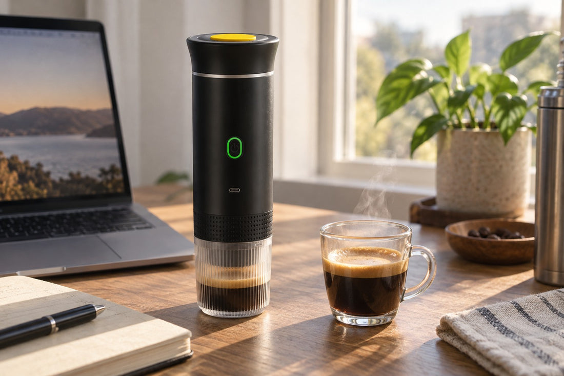 Cafetera portátil en un escritorio con un espresso recién hecho
