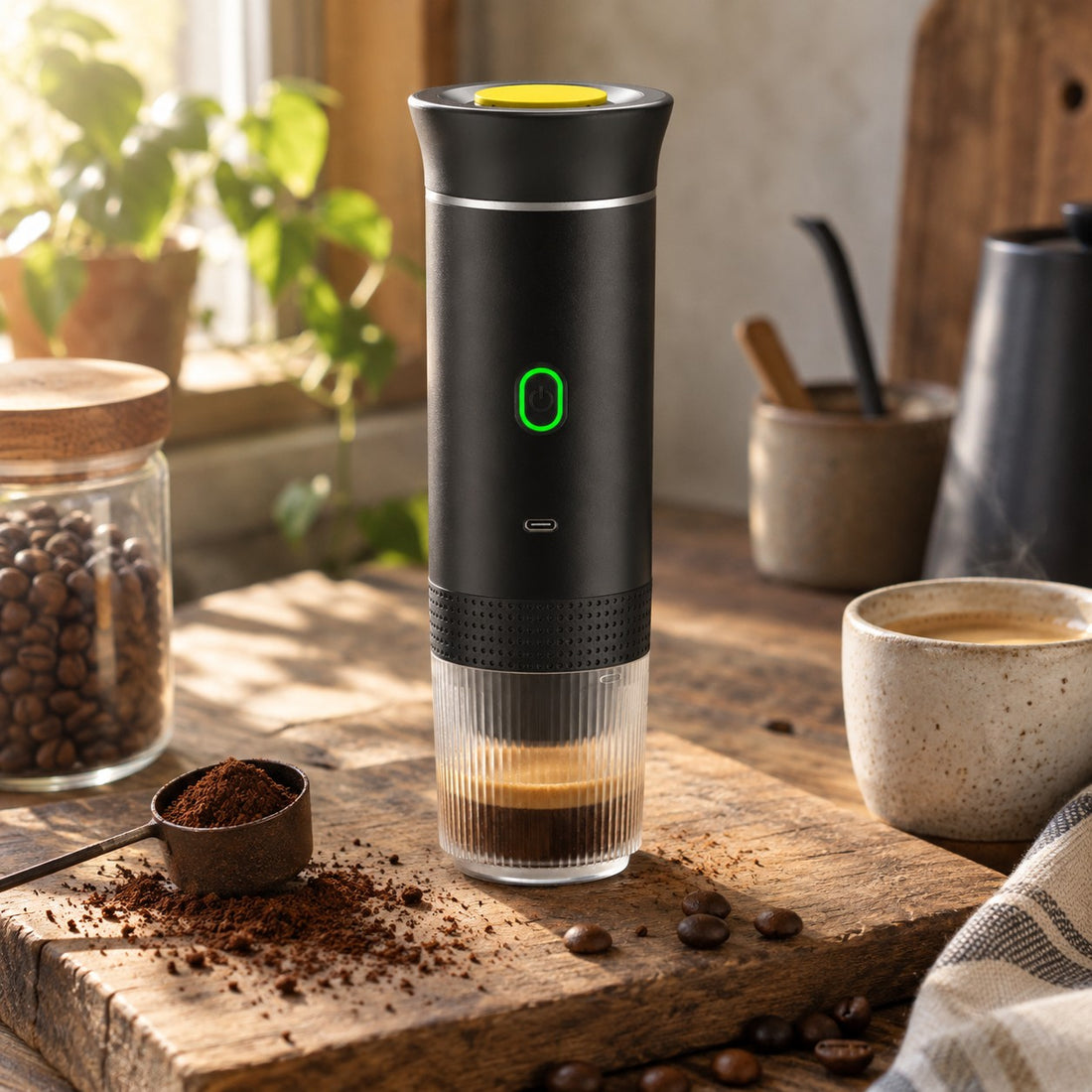 Cafetera portátil con café molido y una cuchara dosificadora