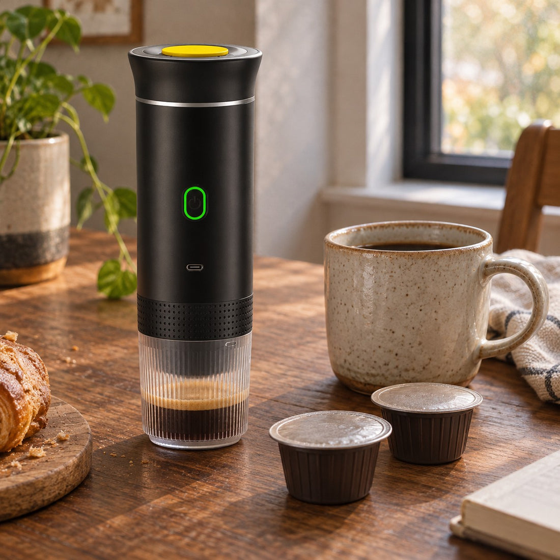 Cafetera portátil con cápsulas grandes y una taza de café