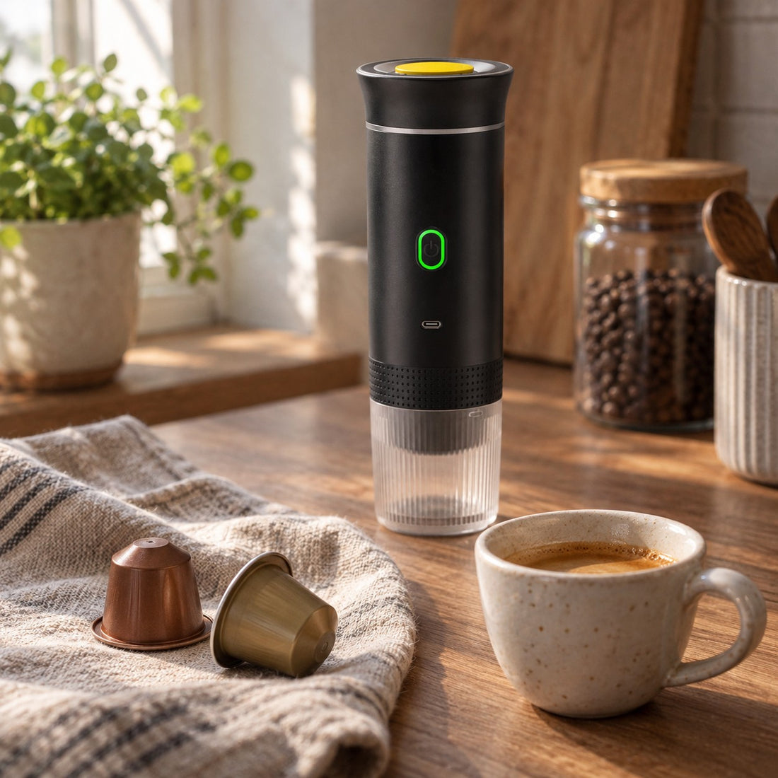 Cafetera portátil con cápsulas pequeñas y una taza de espresso