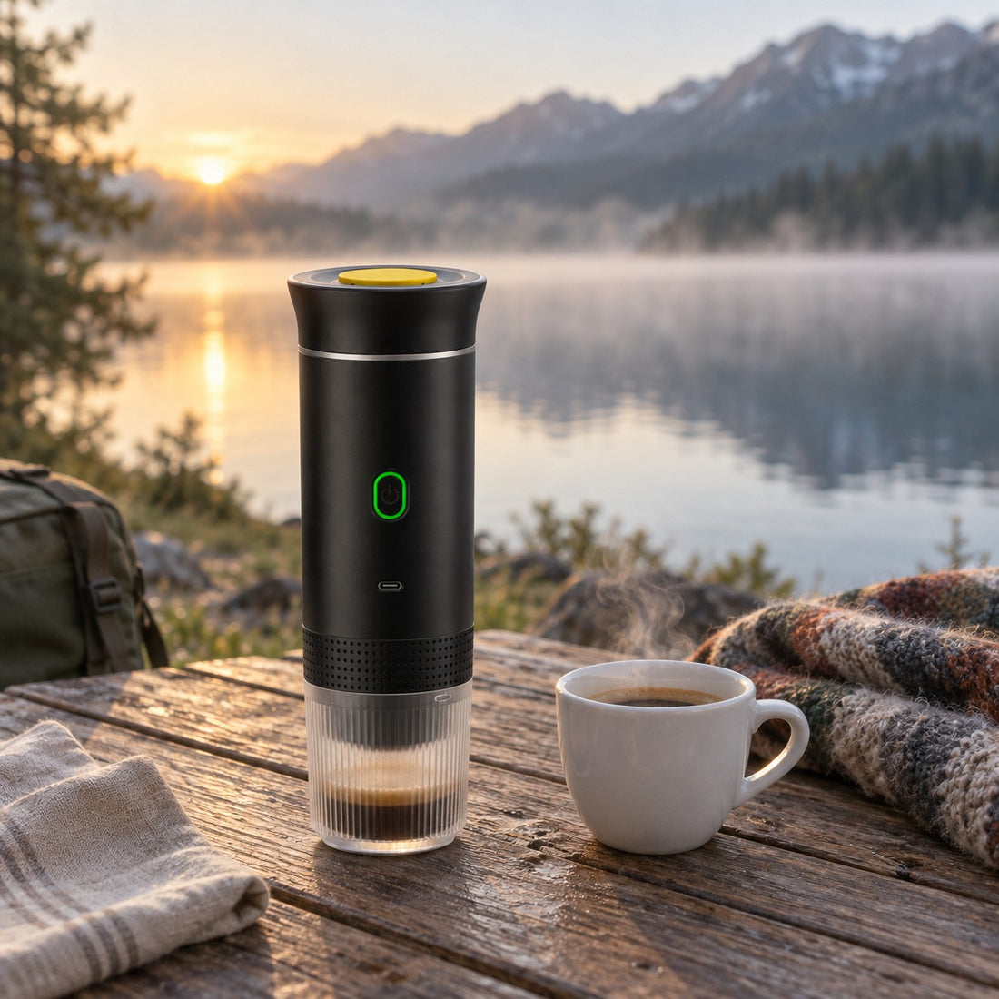 Cafetera portátil sobre una mesa de madera junto a un lago al amanecer