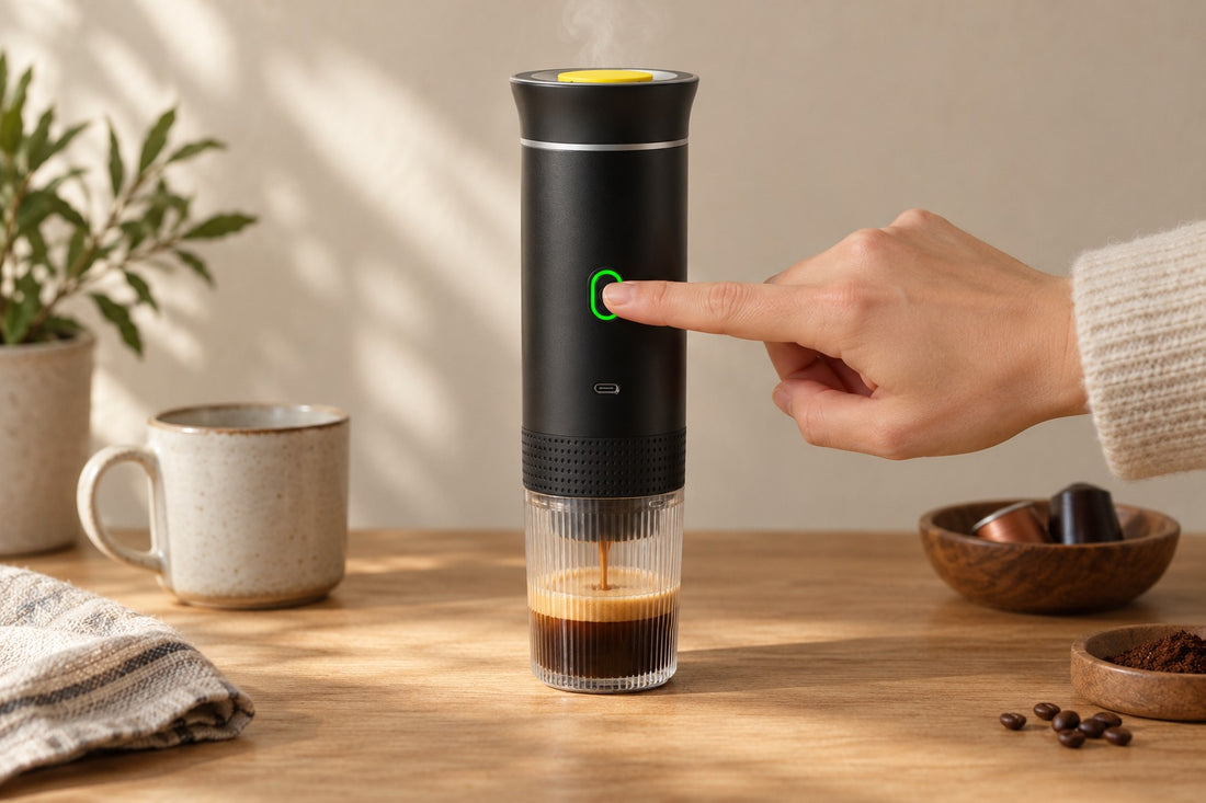 Cafetera portátil montada con un espresso recién hecho